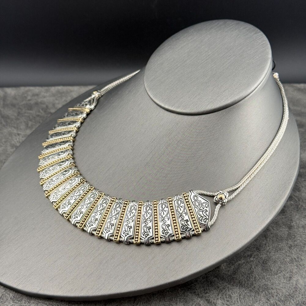 Vintage Monet Silver-Gold-Tone Etruscan Style Bib Collar Necklace Boho Tribal - Picture 3 of 14
